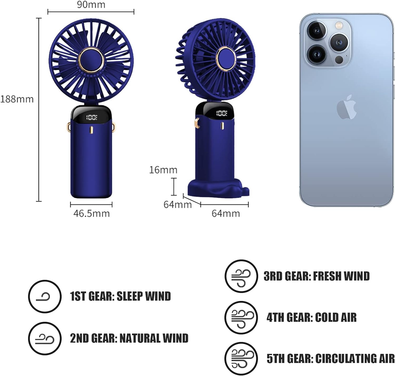 Mini Ventilador De Mano, Ventilador Portátil USB, Pequeño Ventilador De Bolsillo De 5 Velocidades Con Base, Ventilador De Escritorio Plegable Para La Oficina, Viaje (Azul Oscuro)