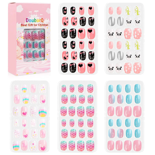 Set of 120 Child-Size False Nails for Girls, Cartoon Design with Colorful Full Cover, Cute Short Nail Tips Kit