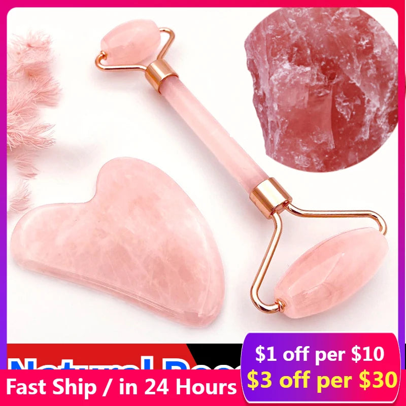 Rose Quartz Powder Crystal Jade Roller Massage Spa - Natural Pink Face Massagers Gua Sha Set