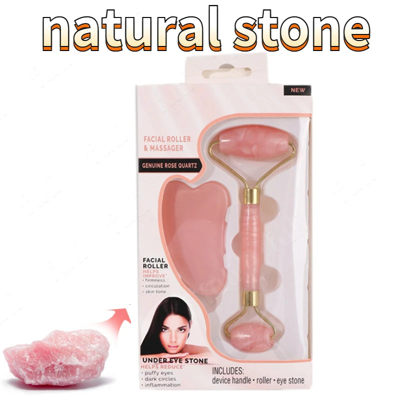 Rose Quartz Powder Crystal Jade Roller Massage Spa - Natural Pink Face Massagers Gua Sha Set