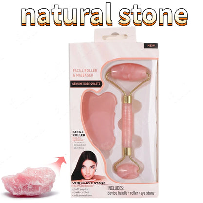 Rose Quartz Powder Crystal Jade Roller Massage Spa - Natural Pink Face Massagers Gua Sha Set